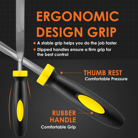 Close-up of rubber handles and thumb rest of the Six Piece Pro Grade Metal Needle File Set Made From Hardened Alloy Steel