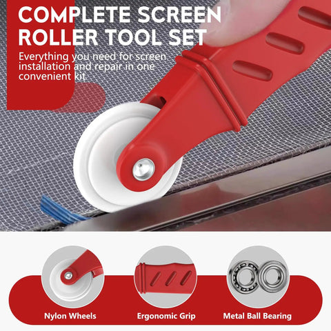 Dual Head Window Screen Roller Tool Set With Spline Removal Hook For Easy Screen Installation And Repair On Windows Doors Patios And RV Screens Durable DIY Friendly Spline Tool Kit For Quick Fixes, close-up view of ergonomic grip and nylon wheel on screen.