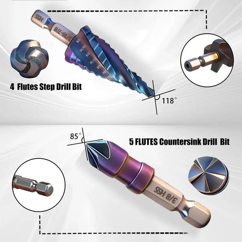 Pro Grade All In One Step Drill Bit Set With 5 Step Bits And 6 Countersink Bits 11 In 1 HSS Cobalt Nitriding Coated Drill Kit detail