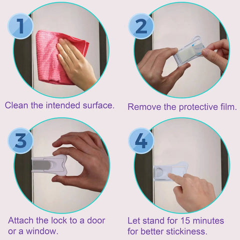 Installation steps for 4 Pack Child Safety Sliding Door Locks For Windows And Patio Doors using 3M tape shown in four images.
