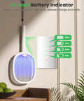 Portable 2 In 1 Electric Fly Swatter Bug Zapper Racket With Purple Light Attractant Rechargeable showing battery indicator.