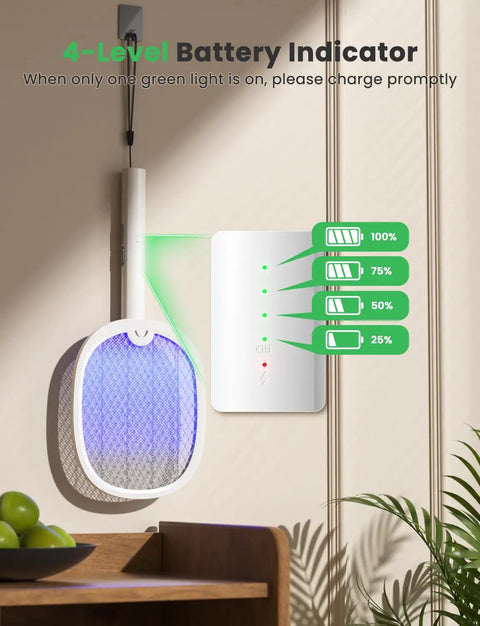 Portable 2 In 1 Electric Fly Swatter Bug Zapper Racket With Purple Light Attractant Rechargeable showing battery indicator.