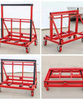 Heavy Duty Foldable Moving Dolly For Hauling Drywall And Marble Slabs 2200 Lb Capacity height adjustable cart in red with wheels.