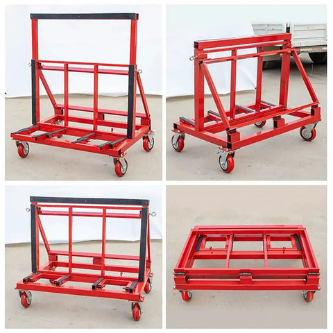 Heavy Duty Foldable Moving Dolly For Hauling Drywall And Marble Slabs 2200 Lb Capacity height adjustable cart in red with wheels.