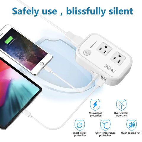 Global 220V To 110V Travel Converter With 18W USB Port for hair straightener and curler, dual outlets, USB ports, white, in use