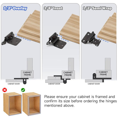 Matte Black Self Closing Cabinet Hinges 32 Pack Soft Close Door Hardware showing 1/2" Overlay, 3/8" Inset and 1/2" Semi Wrap configurations.