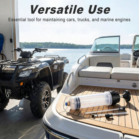 Professional Heavy Duty Manual Oil Extractor Pump With Slick No Drip Suction 200CC Dual Pvc Hoses on a boat with ATV in background.