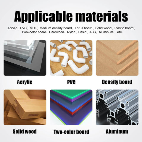 Various materials including acrylic, PVC, density board, solid wood, two-color board, aluminum for crafting with router