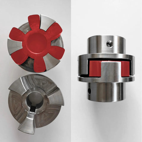 Front view of red urethane curved-jaw 24 coupling inserts for L-jaw couplings, 10-piece set