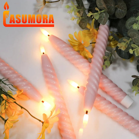 Pink Flameless Taper Candles Real Wax With Remote Timer 6 Pack 9.8 Inch LED Spiral 3D Wick surrounded by greenery and flowers