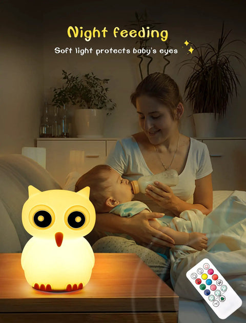 Kids Night Light With Remote, 7 Color Kawaii Cat Nursery Lamp illuminating a bedroom, USB rechargeable, mother feeding baby.