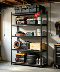Rock Solid Five Tier Heavy Duty Storage Rack With Thick Mdf Boards And Customizable Spacing For Garage Warehouse And Pantry, filled with tools and storage bins.