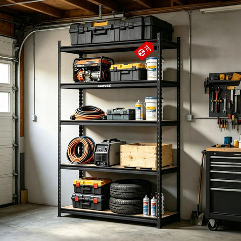 Rock Solid Five Tier Heavy Duty Storage Rack With Thick Mdf Boards And Customizable Spacing For Garage Warehouse And Pantry, filled with tools and storage bins.