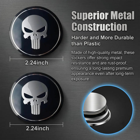 Four Pcs Metal Fanged Skull Wheel Center Hub Caps Scratch Resistant Self Adhesive Protective Rim Covers Badass Street Style Head Turners For Daily Driver Rides close-up of 2.24-inch metal hub caps