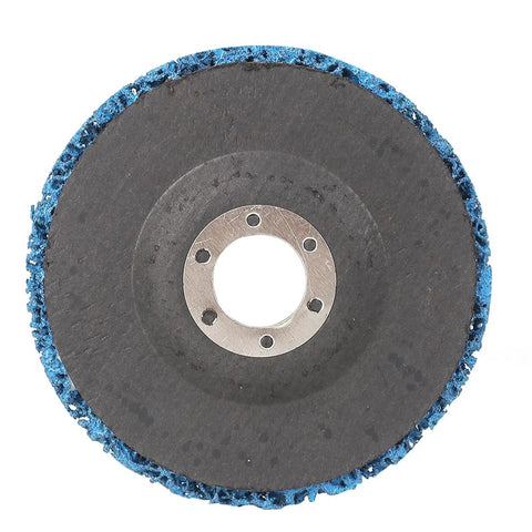 Five Piece Poly Strip Abrasive Disc Set For Angle Grinder Rust And Paint Removal, blue nylon cleaning wheel, 22mm arbor, front view