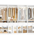 Massive 100 Inch White Closet Organizer With Four Roomy Wooden Drawers And Four Heavy Duty Hanging Rods Featuring Sixteen Handy Cubby Storages For A Quick Walk In Wardrobe Setup That Is A Total No Brainer displaying stylish clothing and organized storage.