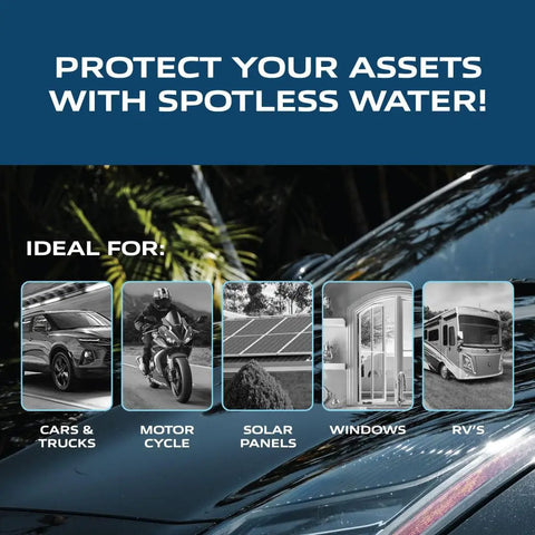 Image illustrating Deionized Water System For Cars, RVs, Boats, Planes And More, ideal for spotless vehicle and surface cleaning.