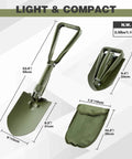 Ready For Anything 23 Inch Military Foldable Camping Shovel With Cover, showing 58cm extended view and compact folded state in green