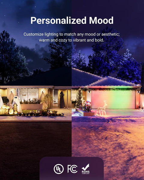 Split view of house with PAR38 Smart LED Flood Light Bulb With WiFi Color Change RGB And Tunable White, warm and vibrant settings