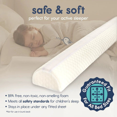 Foam Toddler Bed Rail Bumper 1 Pack for Safer Sleep No Metal Bed Side Guard Kid Friendly Guard Rail for Toddlers and Kids CertiPUR-US Foam for Twin Full Queen King Beds displayed in use with child sleeping