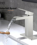Waterfall Style Bathroom Sink Faucet With Brushed Nickel Finish, Single Handle Control and Wide Laminar Flow