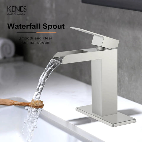 Waterfall Style Bathroom Sink Faucet With Brushed Nickel Finish, Single Handle Control and Wide Laminar Flow