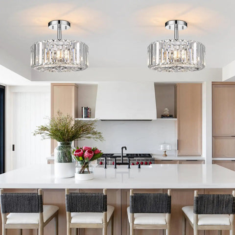 Gold Finish 11.88 Inch Semi Flush Mount Crystal Ceiling Light With Two Lights Modern Round Crystal Chandelier Style in kitchen