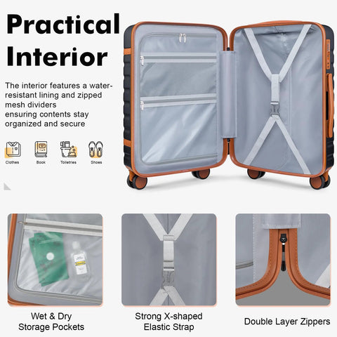 Interior and features of Velaybor Lightweight 3 Piece Luggage Set With Spinner Wheels showcasing compartments and zippers.