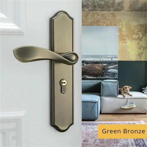 Badass Green Bronze Zinc Alloy Interior Door Lock Handles European Style with keyhole, designed for home entry security.