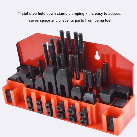 58 Piece T Slot Clamping Kit Set For Fixtures And Milling Pro Grade Step Hold Down Clamps in red storage case