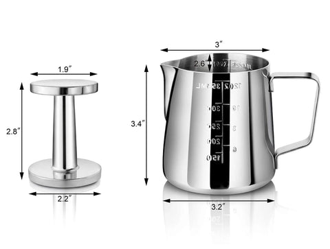 Commercial Grade Stainless Steel Frothing Pitcher And Heavy Duty Die Cast Aluminum Tamper Set For Espresso Machines 12 Ounce Capacity 18 8 Construction Silver Finish Ideal For Lattes Cappuccinos And Macchiatos, showing dimensions.