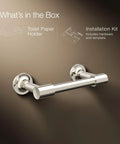 Purist Pivoting Toilet Paper Holder in Vibrant Polished Nickel with installation kit displayed