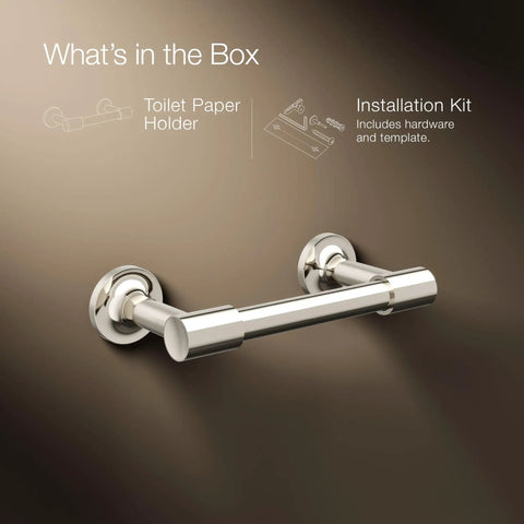 Purist Pivoting Toilet Paper Holder in Vibrant Polished Nickel with installation kit displayed
