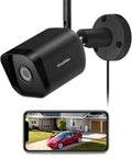Outdoor Security Cam 1080P HD With Wi Fi Motion Detection Two Way Audio Night Vision 130 Degree Wide Angle Alexa Compatible Micro SD Card Slot And US Cloud Storage mounted on a wall with smartphone view.