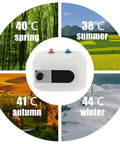 Slick Electric Mini-Tank Water Heater with Totally Sick Instant Hot Water on Tap for a Badass Under Sink Flex in Any Kitchen or Bathroom Setup featuring seasonal temperature indicators.
