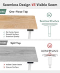 CubiCubi Large Electric Height Adjustable Standing Desk Maple Surface comparison image of one-piece vs split top design.