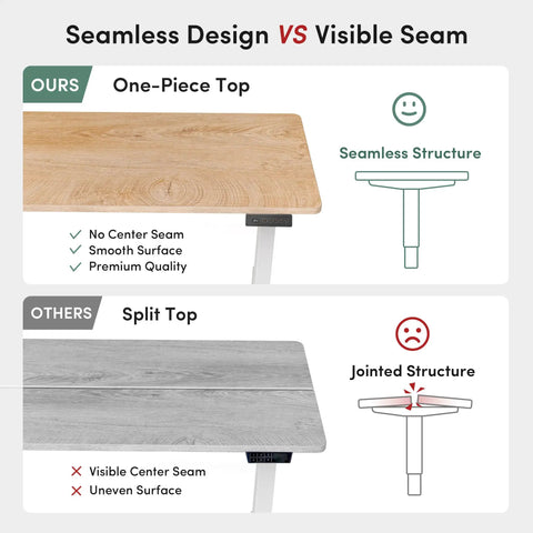 CubiCubi Large Electric Height Adjustable Standing Desk Maple Surface comparison image of one-piece vs split top design.