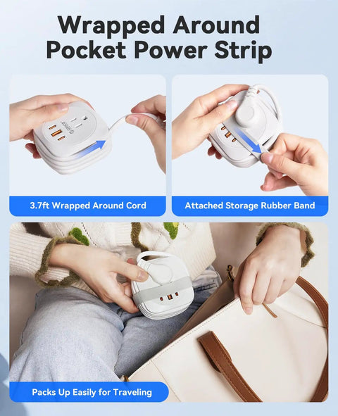 Road Trip Ready Compact Portable Power Strip Featuring Ridiculously Sleek Wrap Around Build And Plug Play 20W Pd Fast Charging Usb Ports for easy traveling.