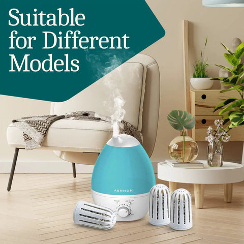 Ultrasonic Humidifier Filter Replacements For Home Use, cool mist demineralization cartridges on table next to humidifier