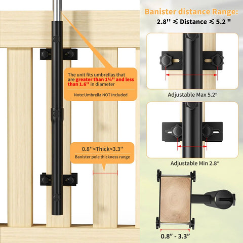 Diagram showing heavy duty patio umbrella holder for deck railings, highlighting adjustable windproof base and mounting brackets.