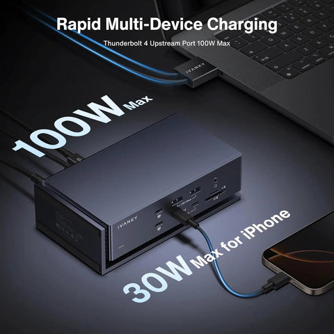 Kick Your Daily Grind Into Hyperdrive With This Rock Solid Thunderbolt 4 DisplayLink Dock, showing rapid multi-device charging with ports.