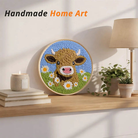 No Fuss Easy Starter Punch Needle Kit for Adults With Highland Cow Design Includes Two Pre Printed Fabrics Embroidery Hoop Threads