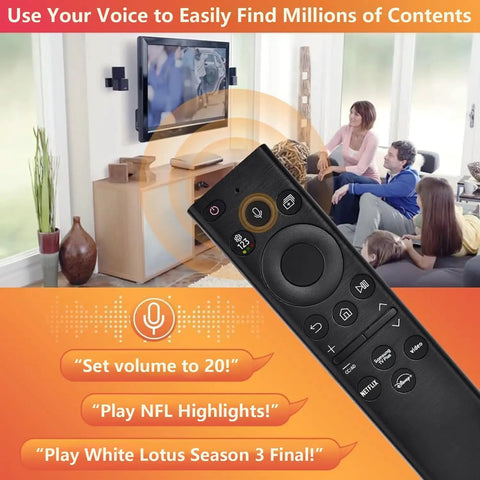 Replacement Remote For 2019-2026 Smart TVs With Voice Control featured in a modern living room, family watching TV.
