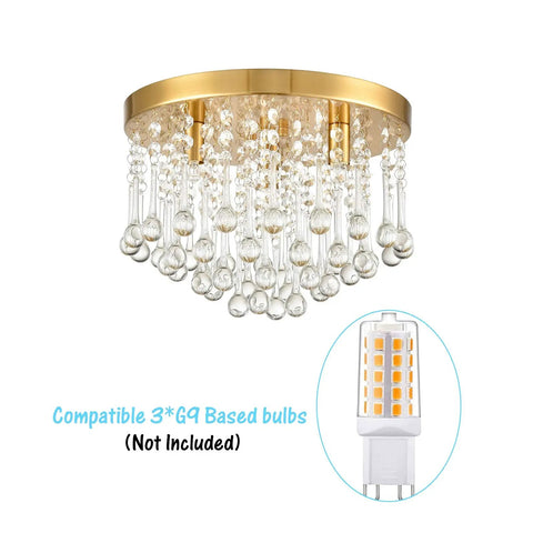 Three Light Crystal Chandelier With Brass Finish Flush Mount Ceiling Light Fixture for living room with G9 bulb compatibility