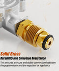 Close-up side view of CALPOSE 2-Stage Propane Regulator with POL; gold brass connector with black O-ring