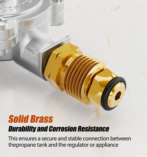 Close-up side view of CALPOSE 2-Stage Propane Regulator with POL; gold brass connector with black O-ring