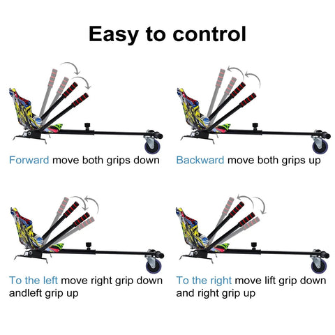 Hoverboard Go Kart Kit Seat Attachment With Adjustable Frame And 360 Degree Drifting Wheel instructions diagram.