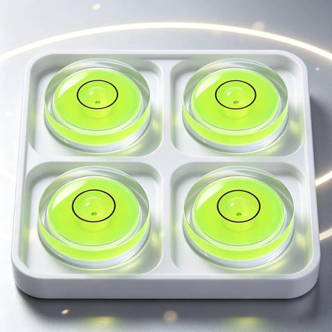4Pcs Small Circular Bubble Levels, Double Sided Adhesive Bottom Mini in a tray, featuring bright green liquid and clear design.