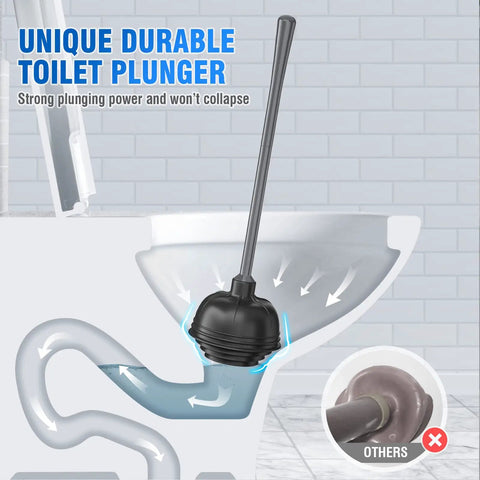 Toilet Plunger With Holder All Angle Design Built Tough For Bathroom Universal 4 Tier Rubber Suction Cup Fits Most Toilet Drains Up To 5.5 Inches Black in toilet diagram showing strong plunging power.