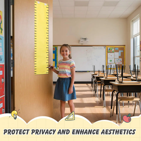 Child standing in classroom next to a door with a yellow ruler chart, promoting privacy and aesthetics for educational spaces.